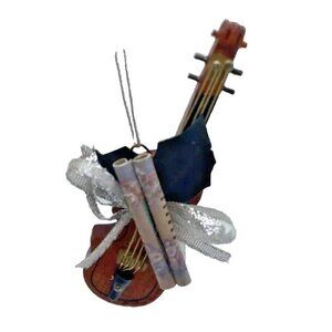 Small Wood Violin Christmas Ornament 4 Inch Music Rolls Leaves Retro Orchestra